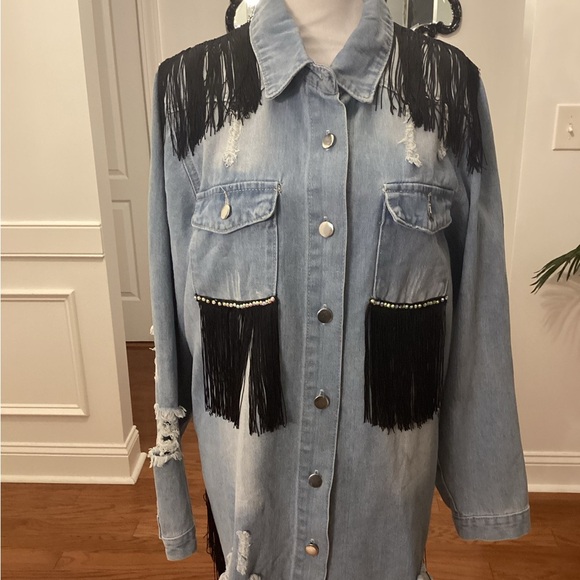 NONE Jackets & Blazers - Customized Fringe Denim Jacket Accents ( Size: XXL) (Color: Light Wash Blue)
